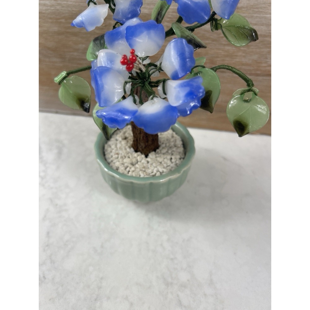 Vintage Bonsai Blue Glass Flowers In A Celodon Vase 6" - Picture 3 of 6